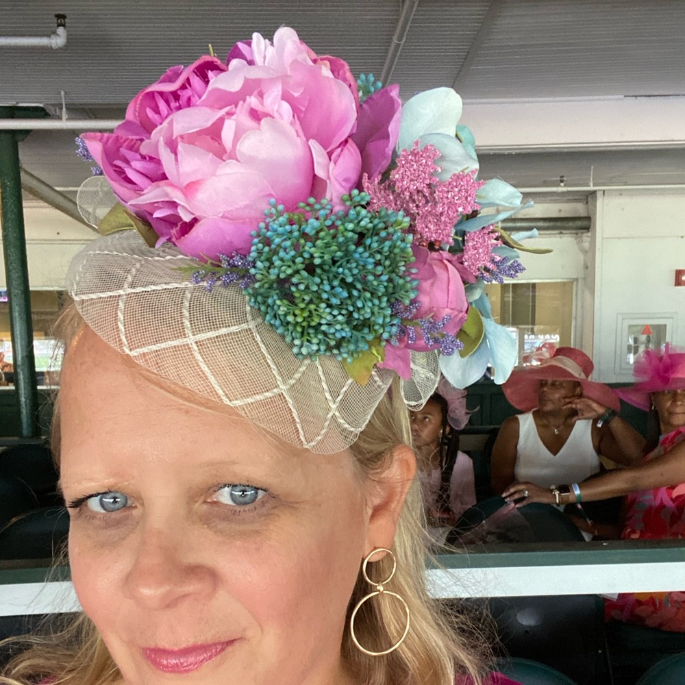 Pink, turquoise, lavender, floral fascinator with ivory trellis crinoline